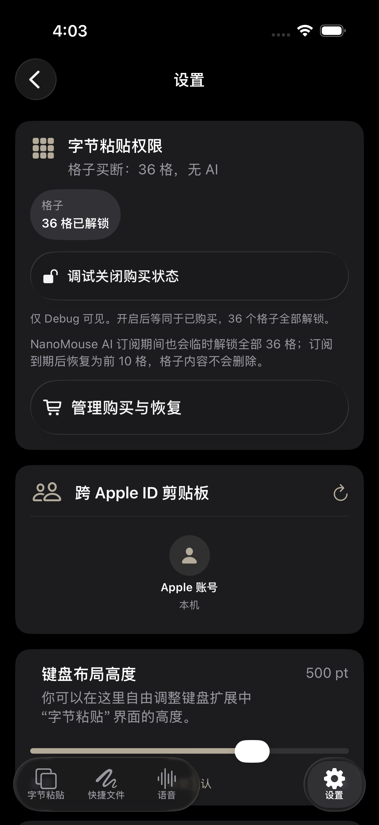 NanoMouse 字节粘贴真实设置页面，包含iCloud同步与跨设备相关选项