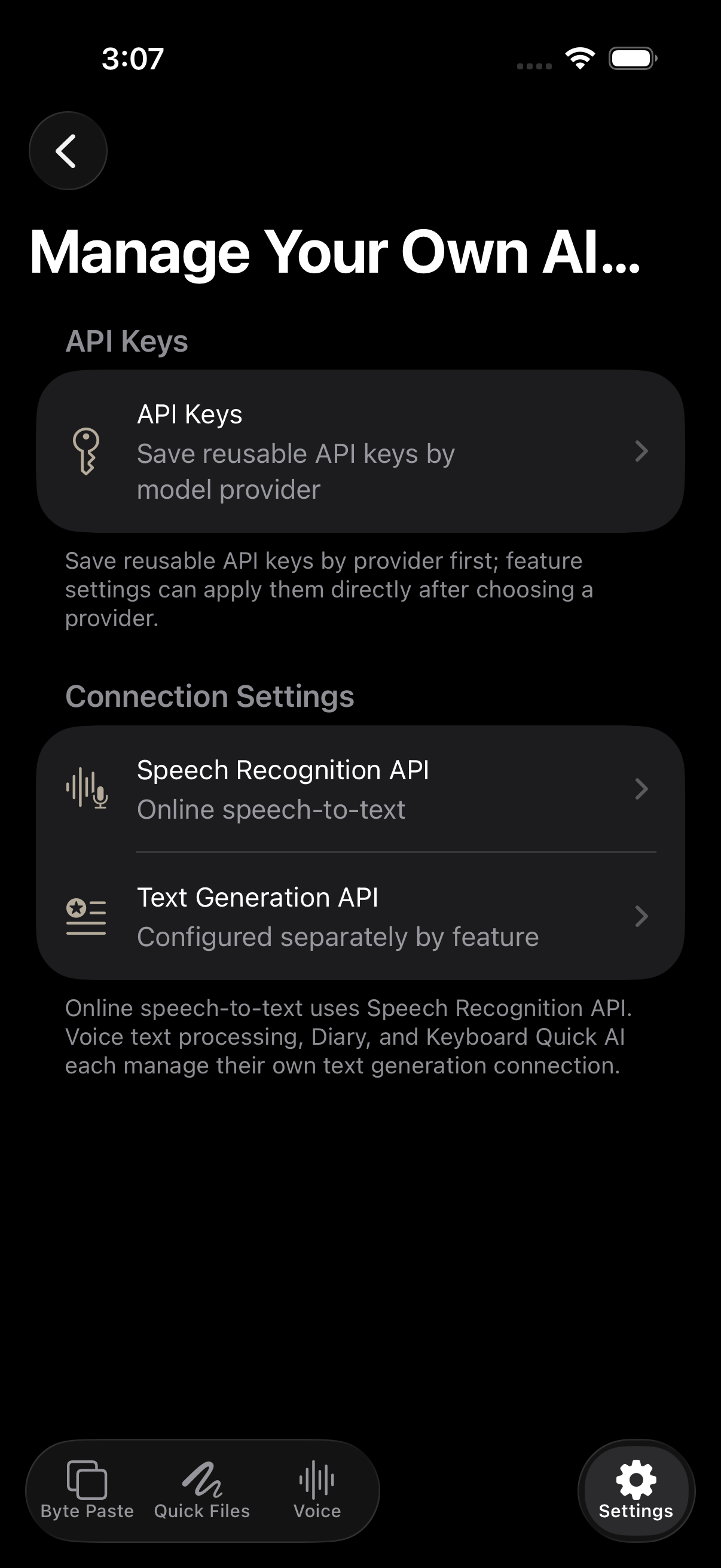 NanoMouse BYOK provider settings in English