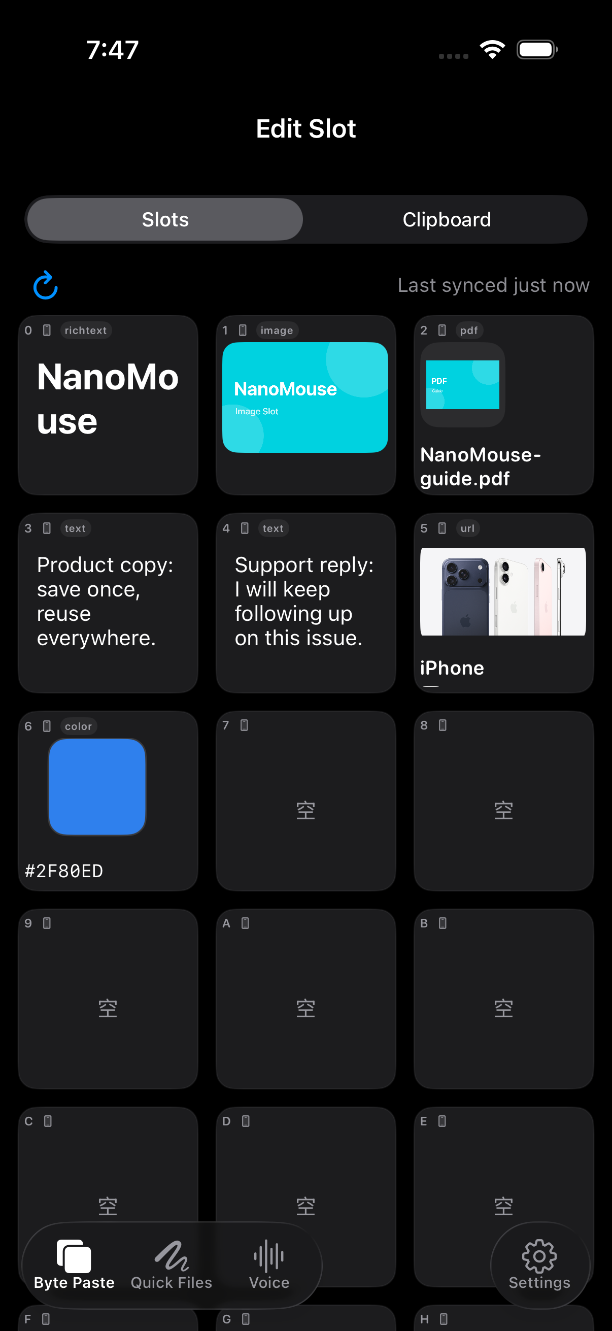 Real Byte Paste slots in the iOS app in English