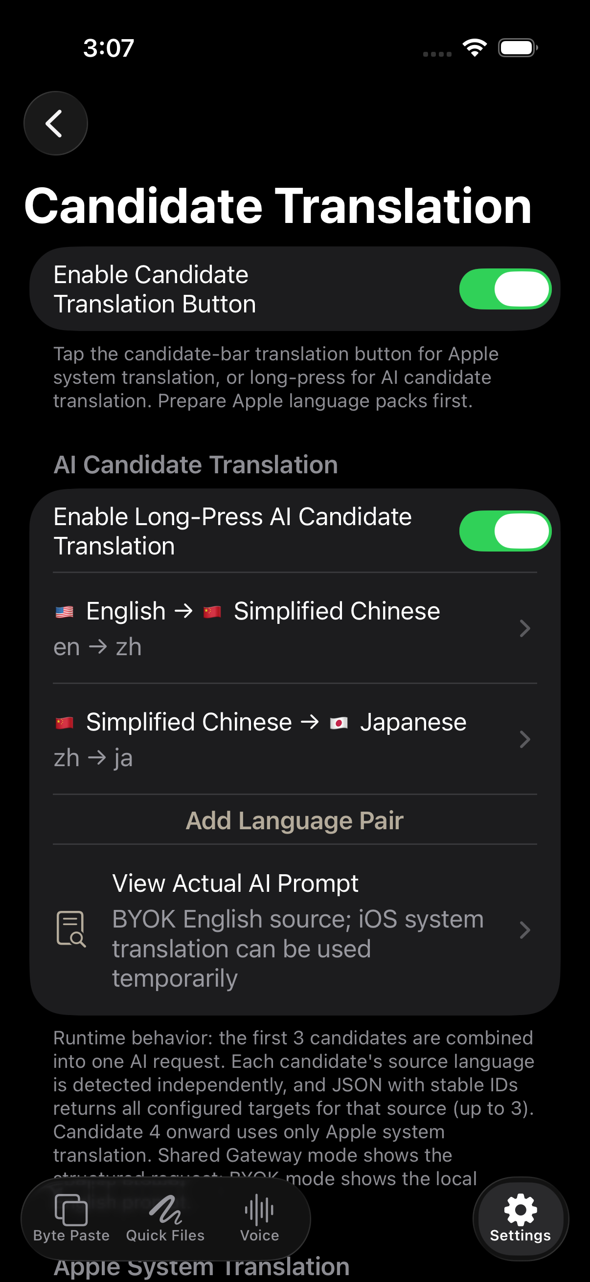 Candidate translation settings with real flag icons in English