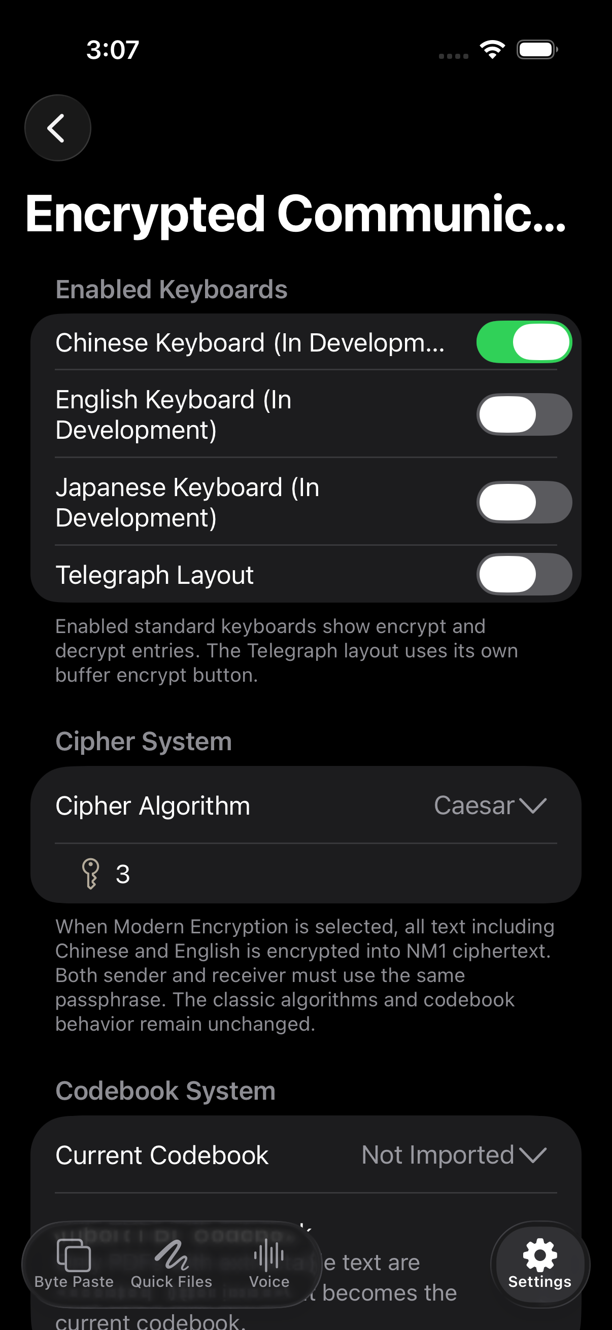 Cipher system settings in English