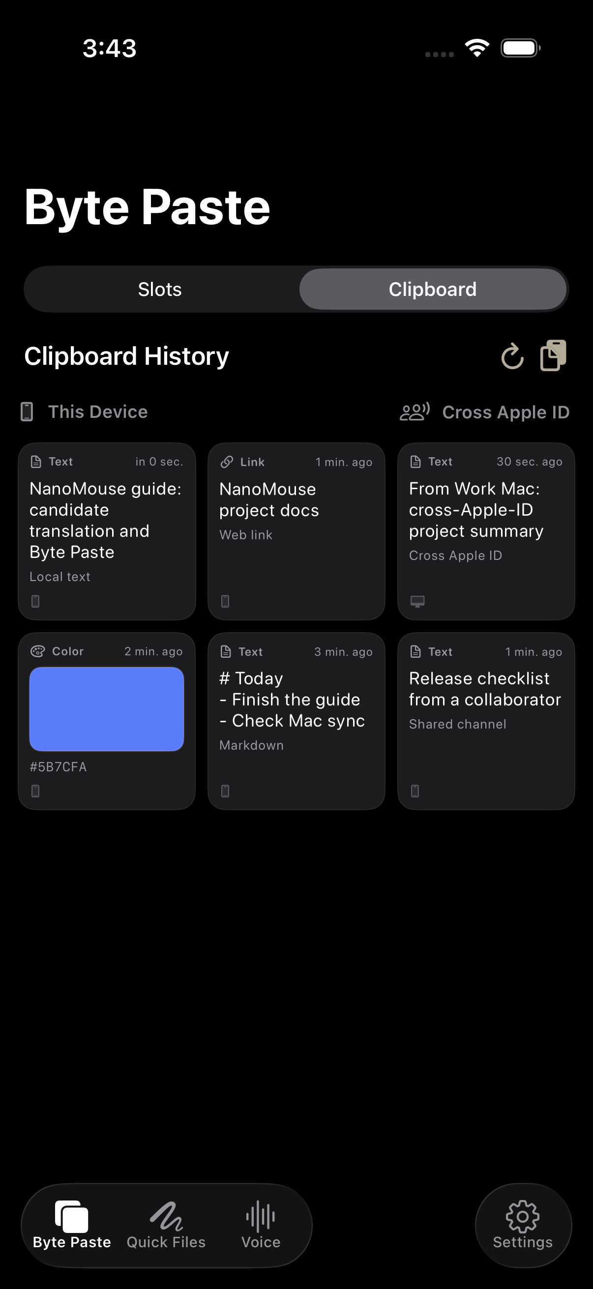 Real clipboard management in the iOS app in English