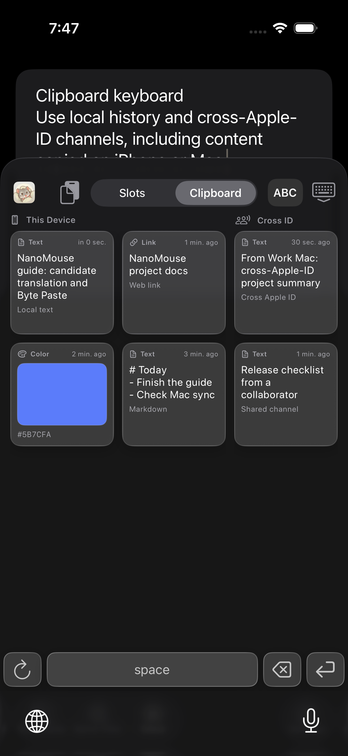 Real clipboard history in the NanoMouse keyboard