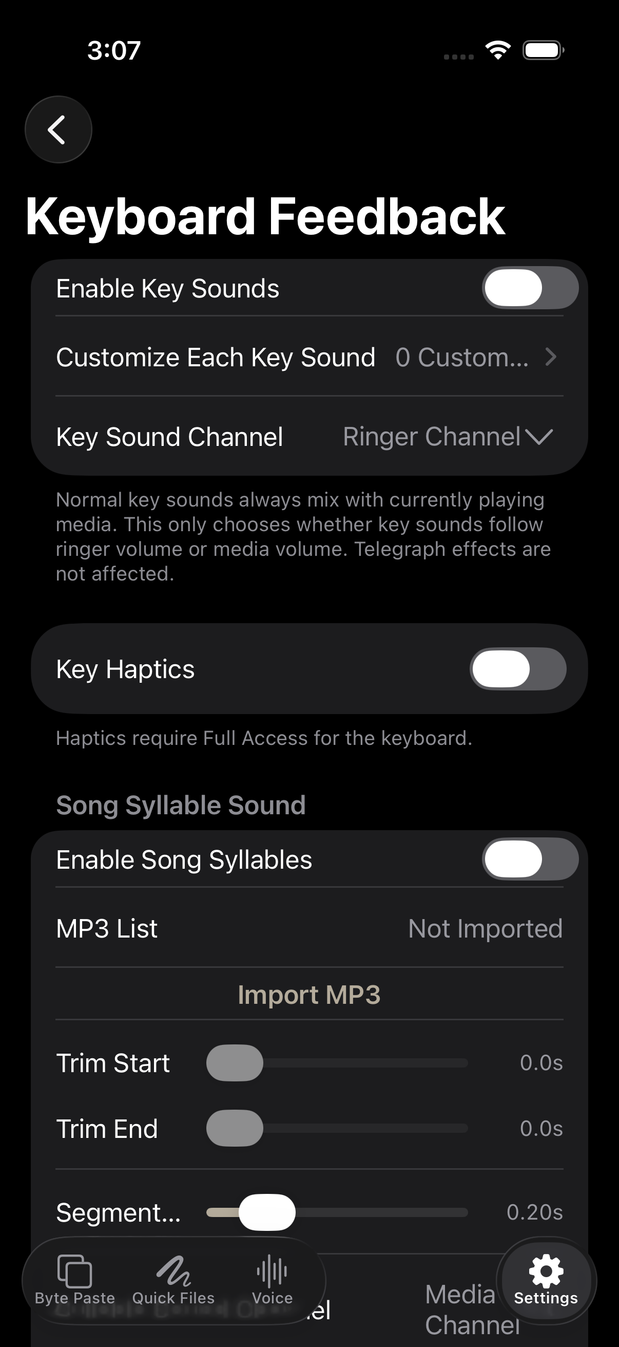 Keyboard sound and haptic feedback settings in English
