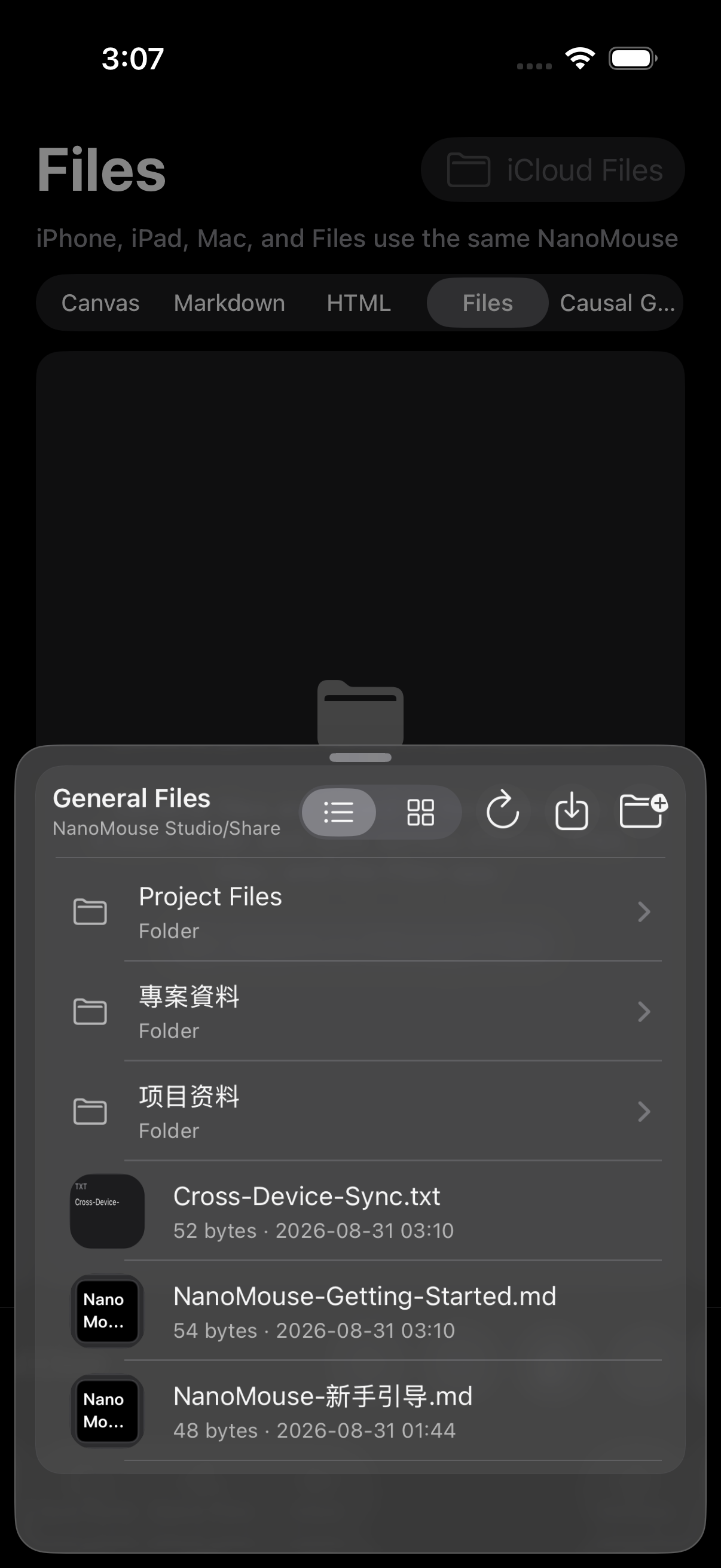 Real iCloud Drive document browser in English