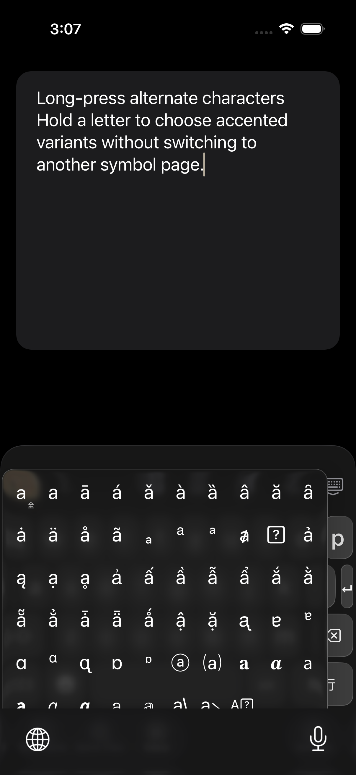 Real NanoMouse keyboard showing alternate characters after a long press