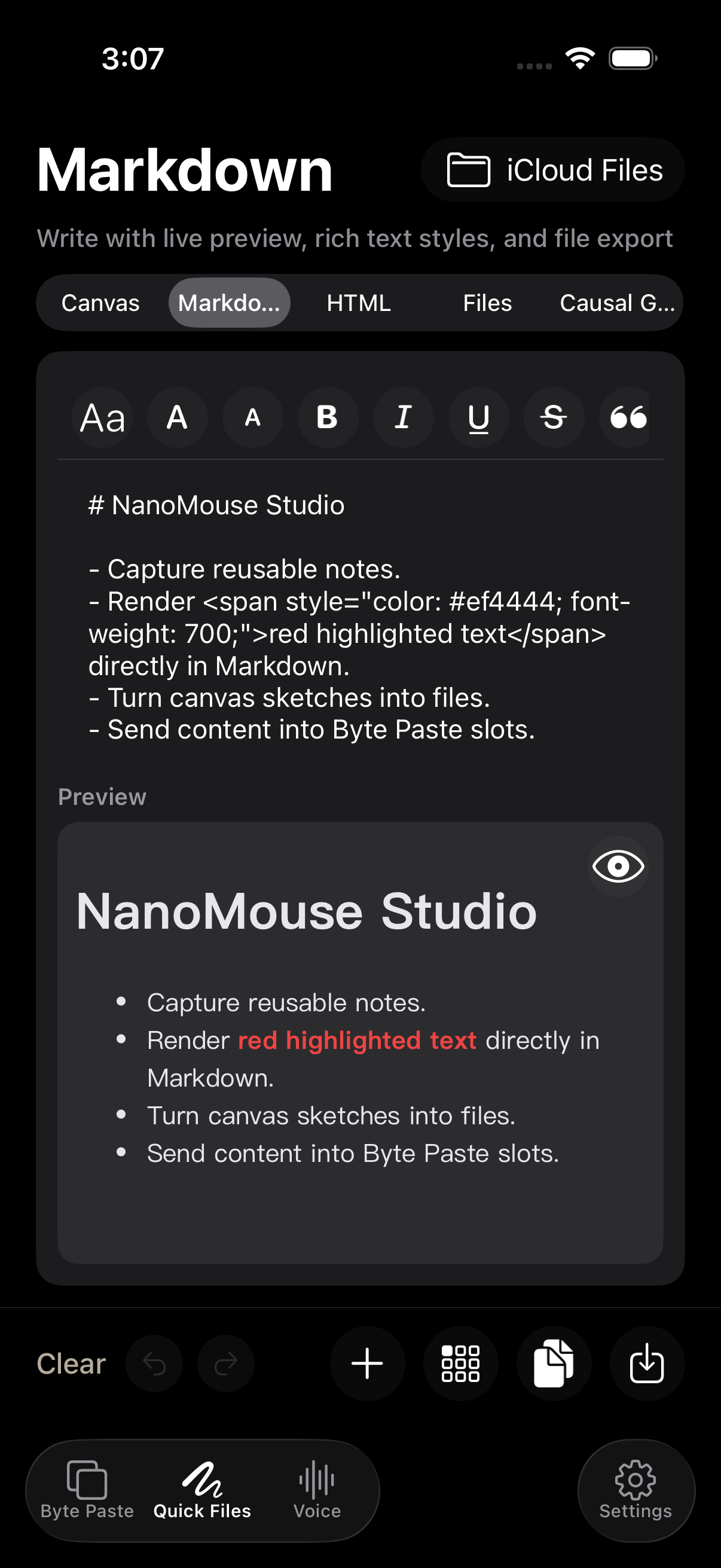 Real Markdown editor in the NanoMouse app in English
