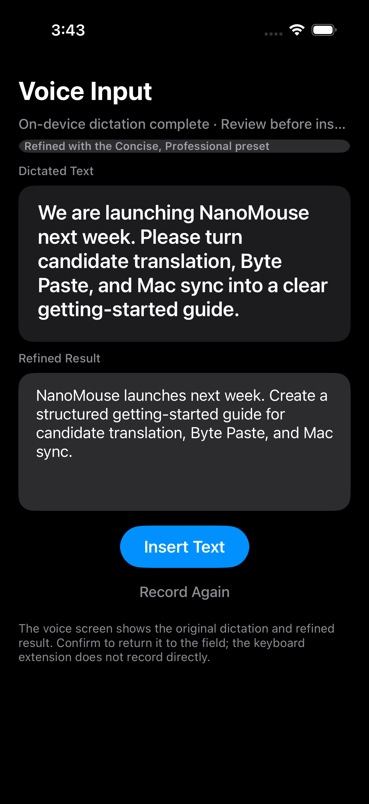 Real NanoMouse voice dictation screen in English