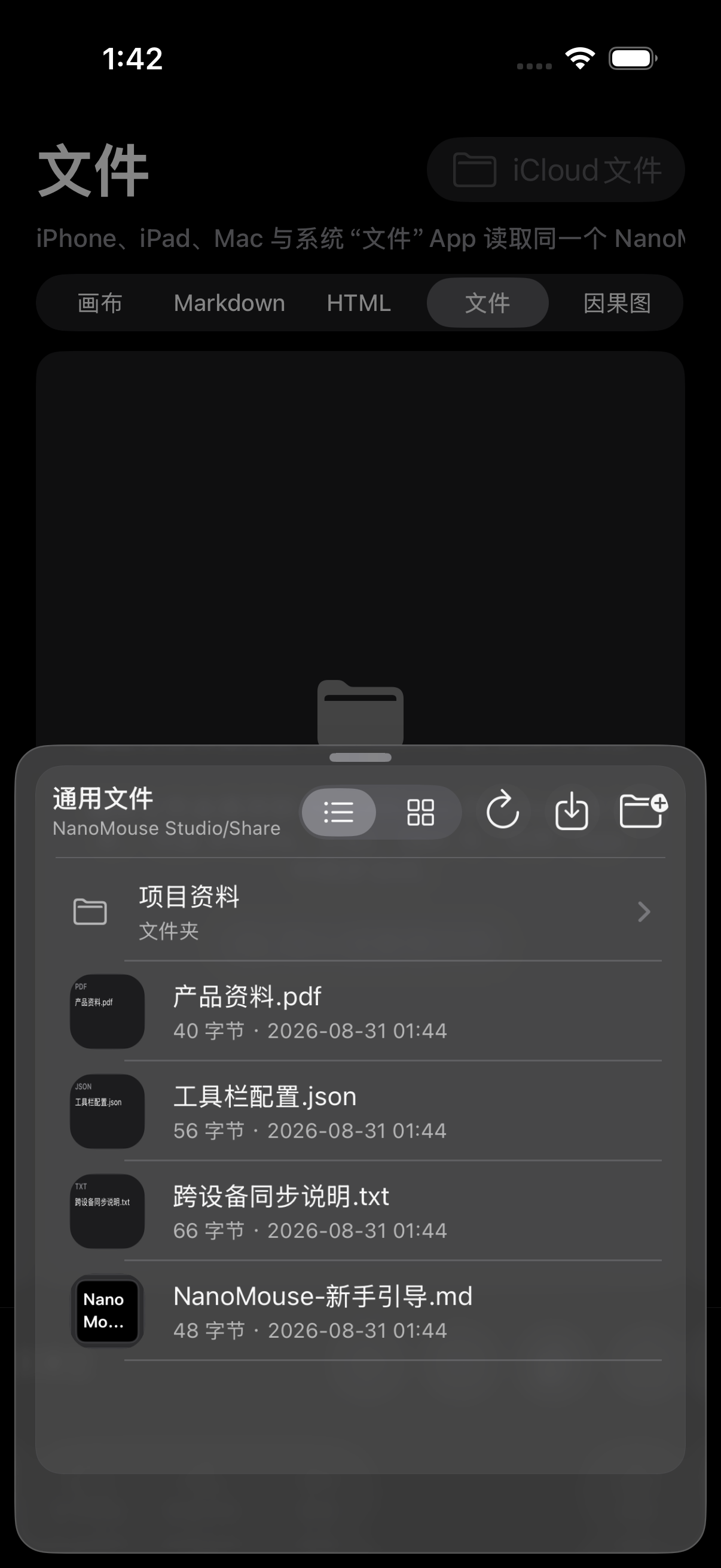 NanoMouse iOS 主 App 打开的真实 iCloud Drive 文档浏览器