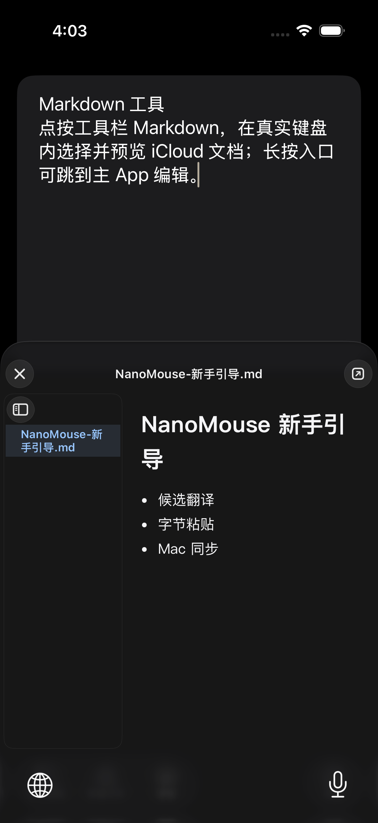NanoMouse 真实键盘扩展中的 Markdown 文档选择与预览