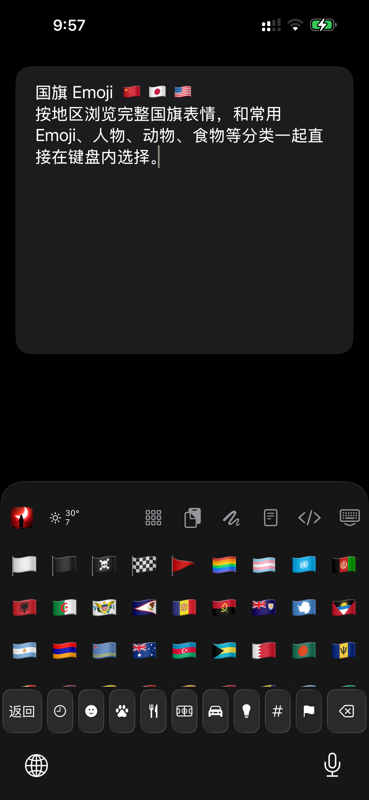 NanoMouse flag Emoji keyboard on iOS 26 with colorful flags and category bar